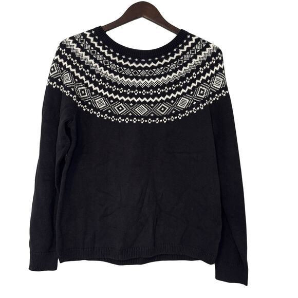 Talbots Nordic Knit Sweater Women's Large Black White Fair Isle Winter Holidays - Picture 2 of 11